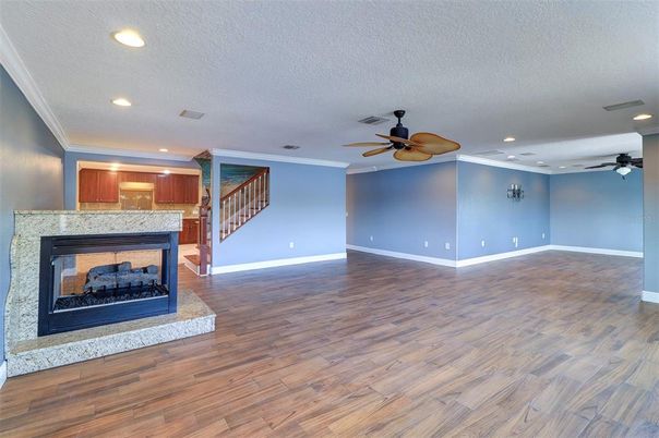 Empty room, Fireplace, Interior, Recessed Lighting, Wood Texture Flooring
