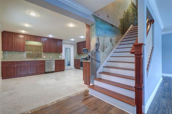 Interior, Kitchen, Recessed Lighting, Stainless Steel Appliances, Wood Texture Flooring