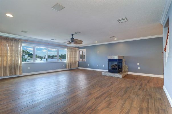 Empty room, Fireplace, Interior, Recessed Lighting, Wood Texture Flooring