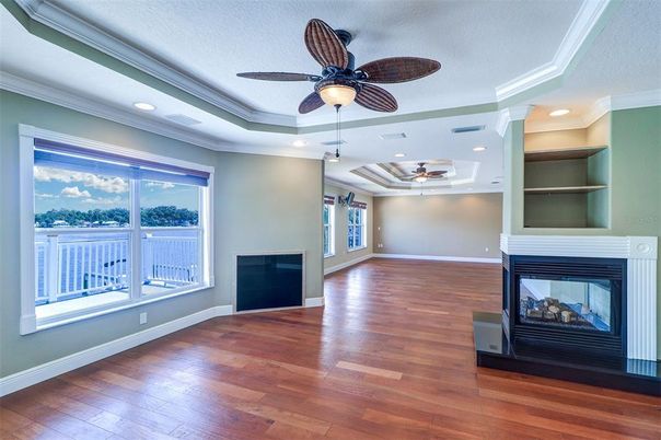 Empty room, Fireplace, Interior, Recessed Lighting, Wood Texture Flooring