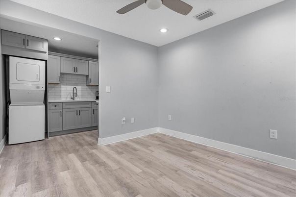 Empty room, Interior, Kitchen, Recessed Lighting, Wood Texture Flooring
