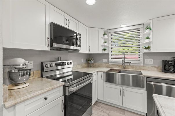Interior, Kitchen, Recessed Lighting, Stainless Steel Appliances, Wood Texture Flooring