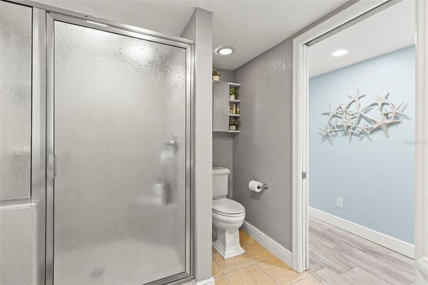 Bathroom, Glass Shower, Interior, Recessed Lighting, Wood Texture Flooring