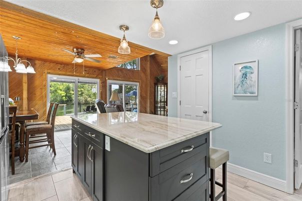 Dining room, Interior, Kitchen, Pendant Lights, Recessed Lighting, Wooden Ceilings, Wood Texture Flooring, Wooden Walls