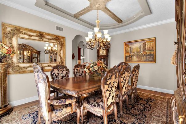 Chandelier, Dining room, Interior, Wooden Beams, Wood Texture Flooring