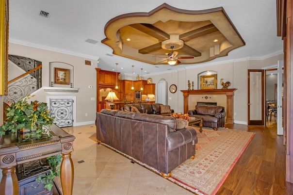 Fireplace, Interior, Kitchen, Living room, Pendant Lights, Recessed Lighting, Wood Texture Flooring