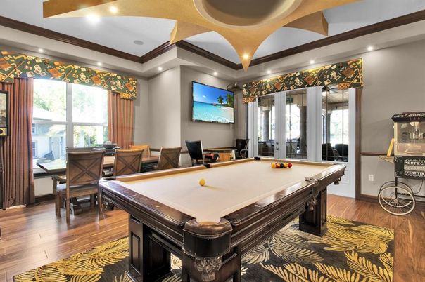 Billiard Table, Game Room, Interior, Recessed Lighting, Wood Texture Flooring