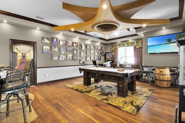 Billiard Table, Game Room, Interior, Recessed Lighting, Wooden Beams, Wood Texture Flooring