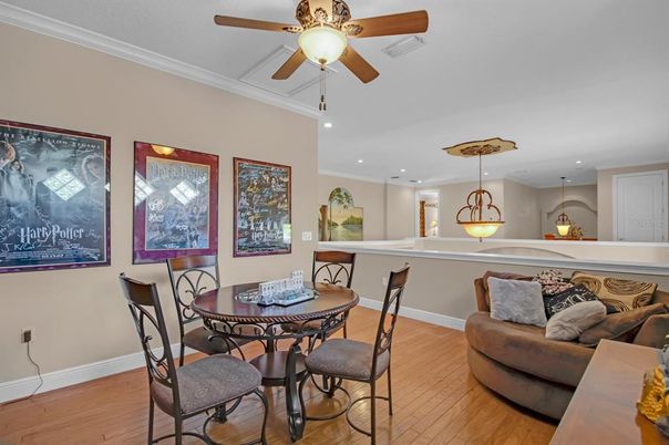 Dining room, Interior, Pendant Lights, Recessed Lighting, Wood Texture Flooring