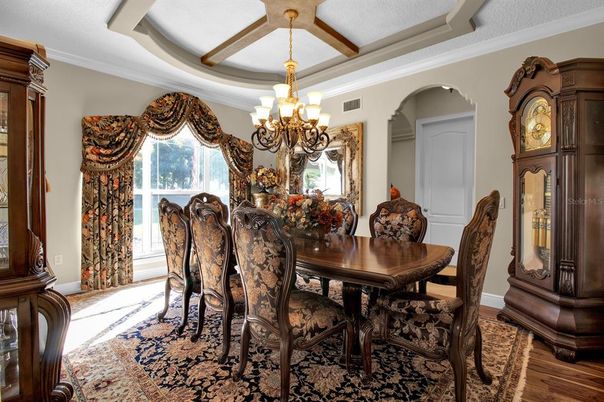 Chandelier, Dining room, Interior, Wooden Beams, Wood Texture Flooring