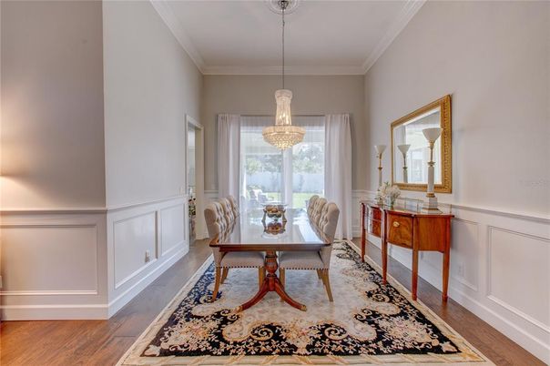 Chandelier, Dining room, Interior, Pendant Lights, Wood Texture Flooring