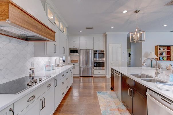 Interior, Kitchen, Pendant Lights, Recessed Lighting, Stainless Steel Appliances, Wood Texture Flooring
