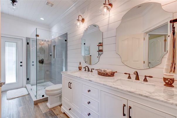 Bathroom, Dual Sink Vanities, Glass Shower, Interior, Recessed Lighting, Wood Texture Flooring