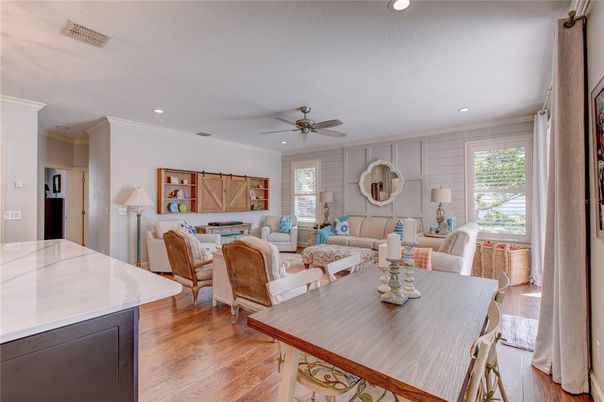 Dining room, Interior, Living room, Recessed Lighting, Wood Texture Flooring