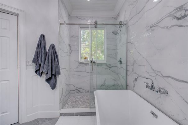 Bathroom, Glass Shower, Interior, Marble, Marble Walls, Recessed Lighting