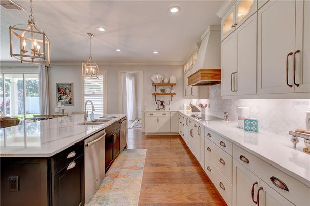 Interior, Kitchen, Pendant Lights, Recessed Lighting, Stainless Steel Appliances, Wood Texture Flooring