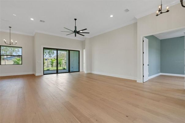 Empty room, Interior, Pendant Lights, Recessed Lighting, Wood Texture Flooring