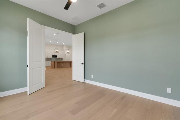 Empty room, Interior, Kitchen, Pendant Lights, Recessed Lighting, Wood Texture Flooring