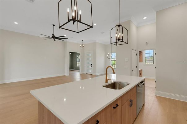 Chandelier, Interior, Kitchen, Pendant Lights, Recessed Lighting, Wood Texture Flooring