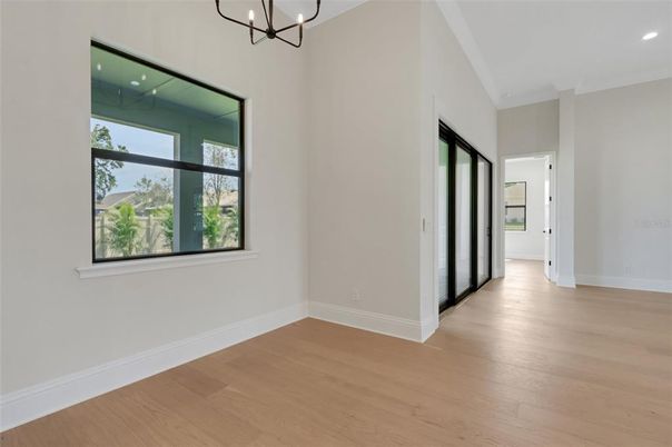 Chandelier, Empty room, Interior, Recessed Lighting, Wood Texture Flooring