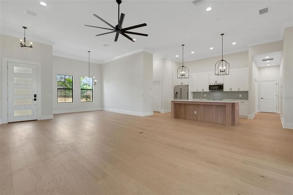 Interior, Kitchen, Pendant Lights, Recessed Lighting, Stainless Steel Appliances, Wood Texture Flooring