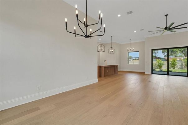 Chandelier, Empty room, Interior, Pendant Lights, Recessed Lighting, Wood Texture Flooring