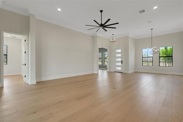 Empty room, Interior, Pendant Lights, Recessed Lighting, Wood Texture Flooring