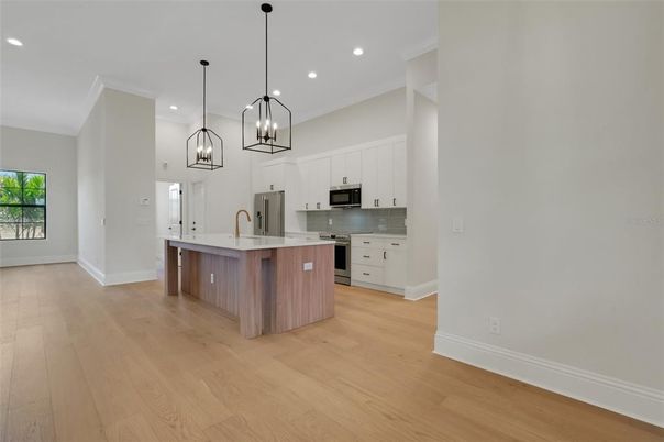 Interior, Kitchen, Pendant Lights, Recessed Lighting, Stainless Steel Appliances, Wood Texture Flooring