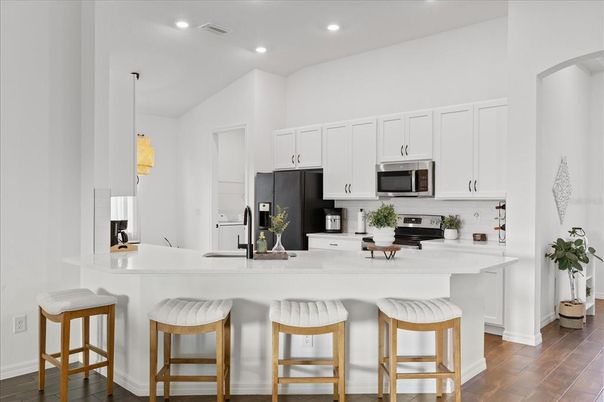 Interior, Kitchen, Pendant Lights, Recessed Lighting, Wood Texture Flooring