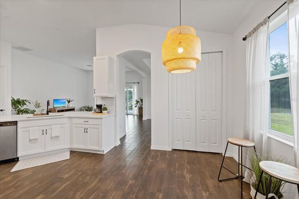 Interior, Kitchen, Pendant Lights, Wood Texture Flooring