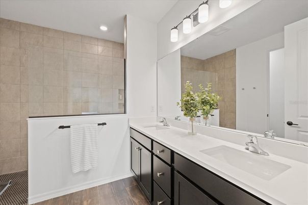 Bathroom, Dual Sink Vanities, Interior, Recessed Lighting, Wood Texture Flooring