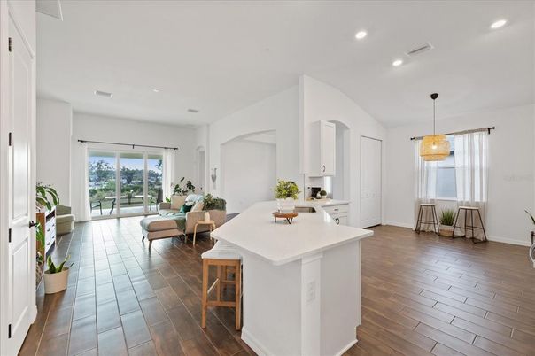 Dining room, Interior, Kitchen, Living room, Pendant Lights, Recessed Lighting, Wood Texture Flooring