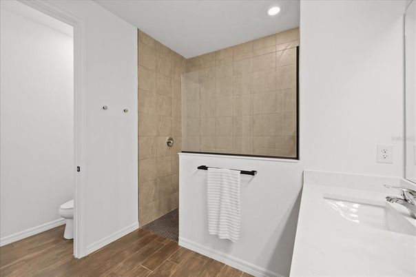 Bathroom, Interior, Recessed Lighting, Wood Texture Flooring