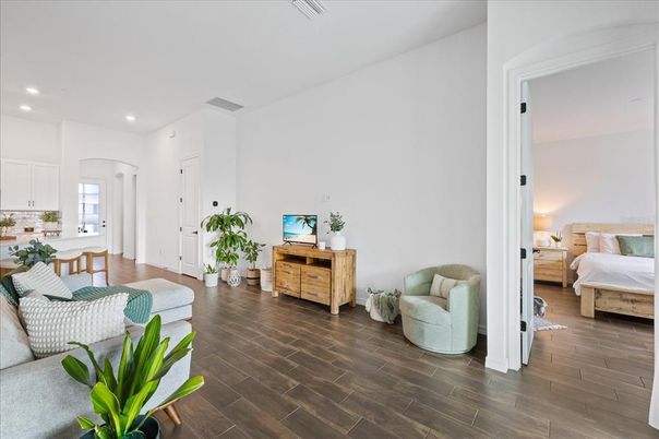 Bedroom, Interior, Recessed Lighting, Wood Texture Flooring