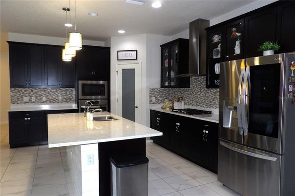 Interior, Kitchen, Marble, Pendant Lights, Recessed Lighting, Stainless Steel Appliances