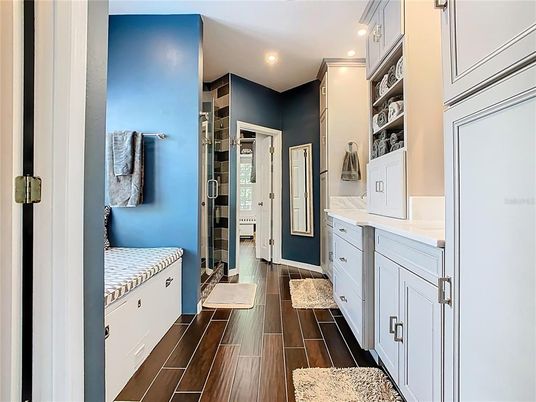 Bathroom, Interior, Recessed Lighting, Wood Texture Flooring