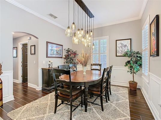 Dining room, Interior, Pendant Lights, Wood Texture Flooring