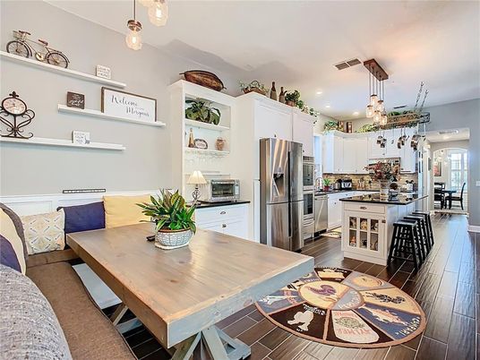 Dining room, Interior, Kitchen, Pendant Lights, Recessed Lighting, Stainless Steel Appliances, Wood Texture Flooring