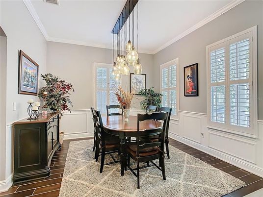 Dining room, Interior, Pendant Lights, Wood Texture Flooring