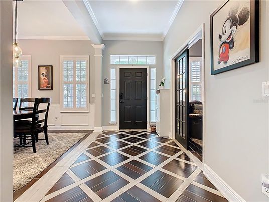 Dining room, Interior, Pendant Lights, Wood Texture Flooring