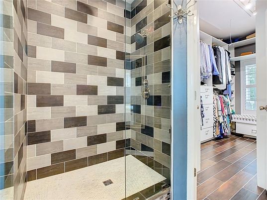 Bathroom, Glass Shower, Interior, Wood Texture Flooring