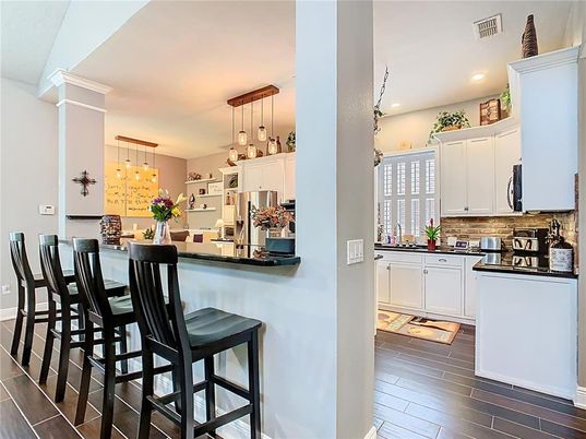 Interior, Kitchen, Pendant Lights, Recessed Lighting, Wood Texture Flooring