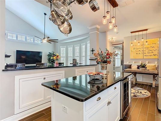 Dining room, Interior, Kitchen, Pendant Lights, Wood Texture Flooring