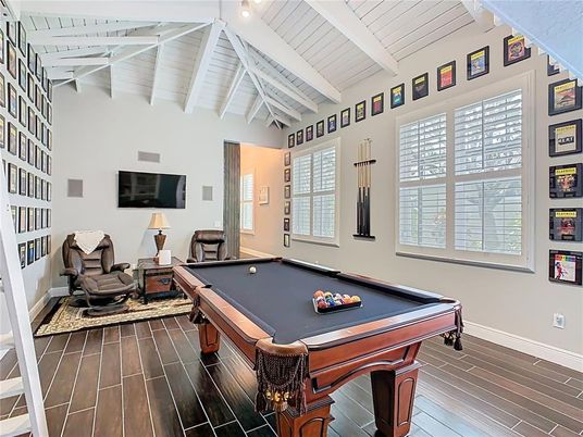 Billiard Table, Game Room, Interior, Wood Texture Flooring