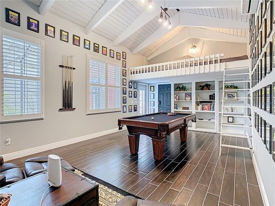 Billiard Table, Game Room, Interior, Wood Texture Flooring
