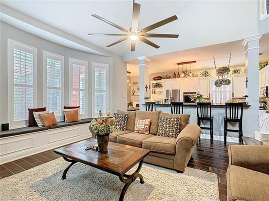 Dining room, Interior, Kitchen, Living room, Pendant Lights, Wood Texture Flooring