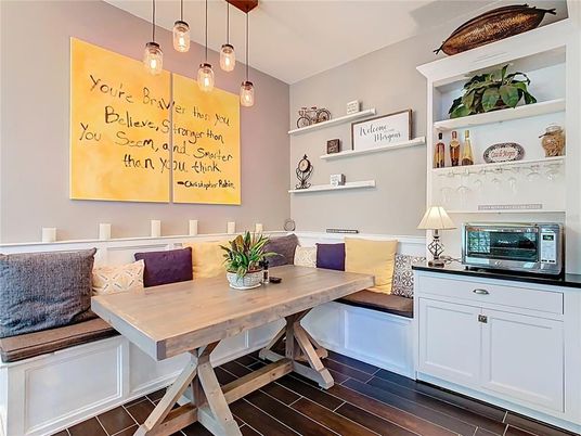 Dining room, Interior, Pendant Lights, Wood Texture Flooring