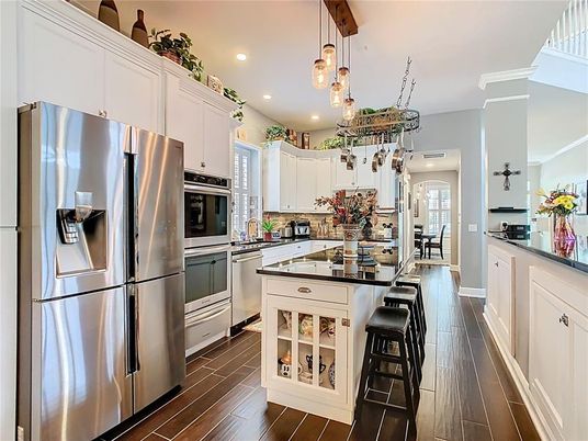 Interior, Kitchen, Pendant Lights, Recessed Lighting, Stainless Steel Appliances, Wood Texture Flooring