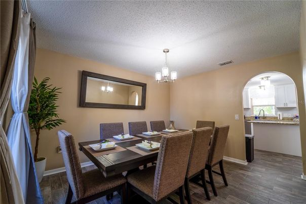 Dining room, Interior, Pendant Lights, Wood Texture Flooring