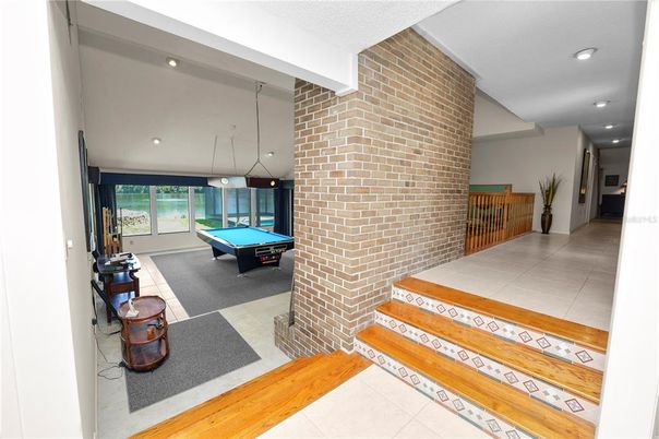 Billiard Table, Game Room, Interior, Pendant Lights, Recessed Lighting, Stone Walls